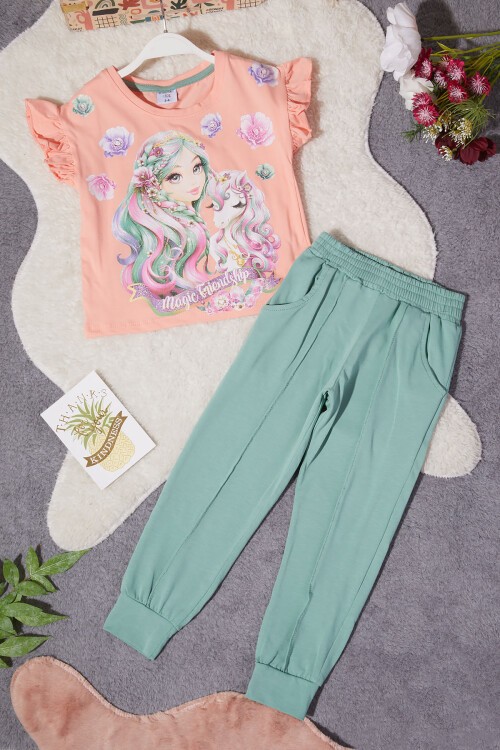 Kız Çocuk Somon Simli Karakter Baskılı Alt Üst Takım 15262