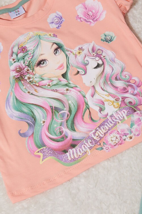 Kız Çocuk Somon Simli Karakter Baskılı Alt Üst Takım 15262