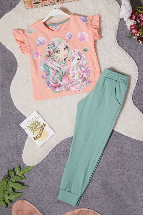 Kız Çocuk Somon Simli Karakter Baskılı Alt Üst Takım 15262