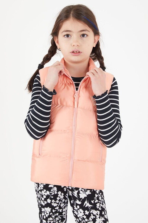 Kız Çocuk Somon Şişme Yelek Fermuarlı Cep 15077