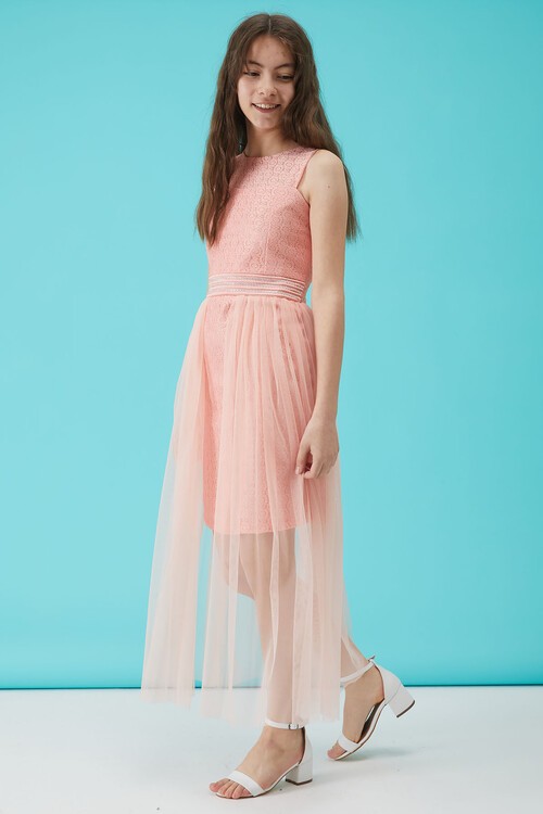 Kız Çocuk Somon Taş Detaylı Tüllü Abiye Elbise 15160