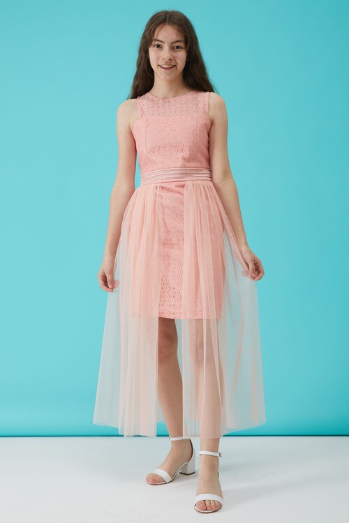 Kız Çocuk Somon Taş Detaylı Tüllü Abiye Elbise 15160