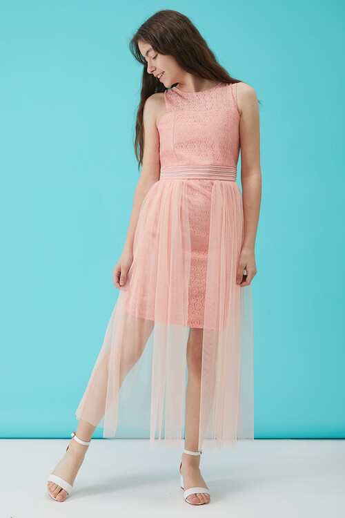 Kız Çocuk Somon Taş Detaylı Tüllü Abiye Elbise 15160