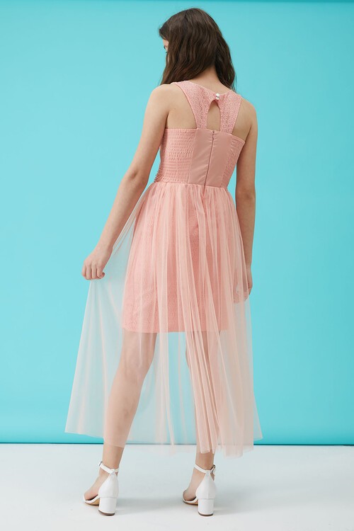 Kız Çocuk Somon Taş Detaylı Tüllü Abiye Elbise 15160