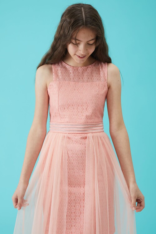 Kız Çocuk Somon Taş Detaylı Tüllü Abiye Elbise 15160