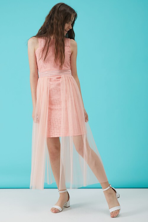 Kız Çocuk Somon Taş Detaylı Tüllü Abiye Elbise 15160