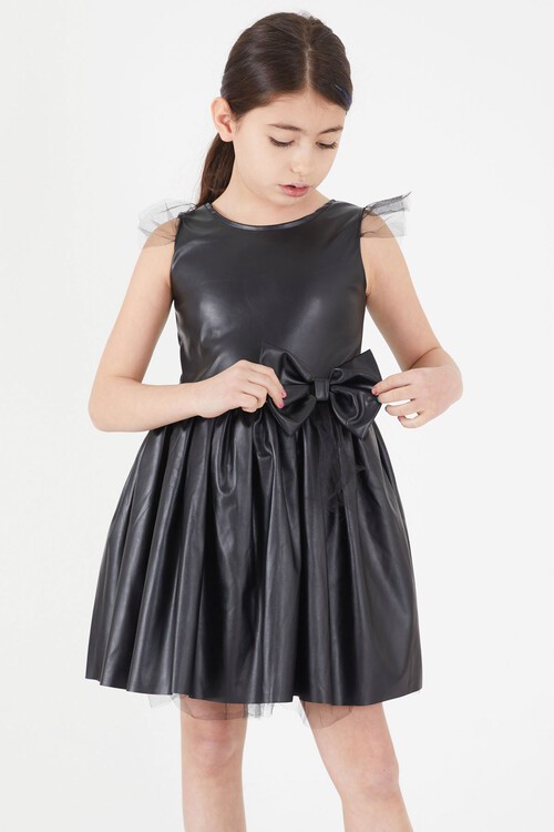 Kız Çocuk Tül Detaylı Fiyonklu Deri Elbise 15036