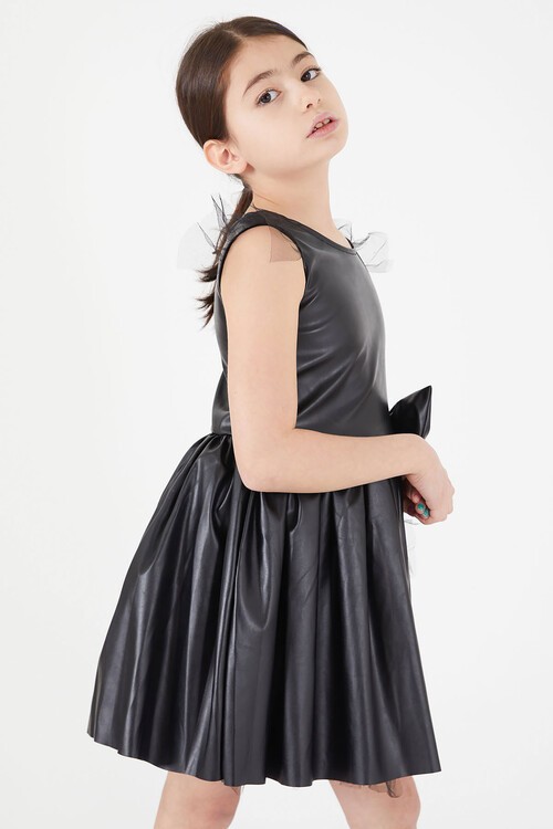 Kız Çocuk Tül Detaylı Fiyonklu Deri Elbise 15036
