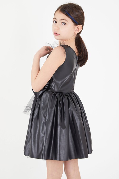 Kız Çocuk Tül Detaylı Fiyonklu Deri Elbise 15036