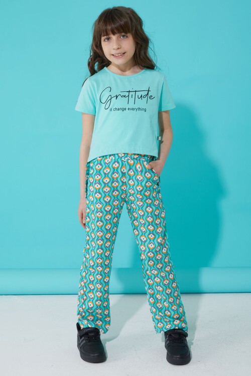 Kız Çocuk Turkuaz Yazılı Pantolonlu Bluz Takım 15272