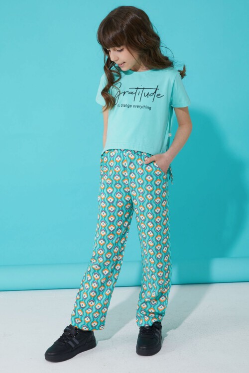 Kız Çocuk Turkuaz Yazılı Pantolonlu Bluz Takım 15272