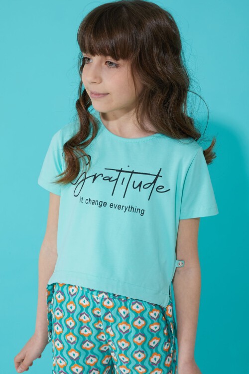 Kız Çocuk Turkuaz Yazılı Pantolonlu Bluz Takım 15272