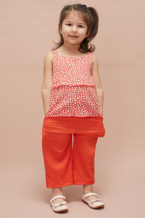 Kız Çocuk Turuncu Çiçekli Askılı Bluzlu Pantolonlu Takım 15147