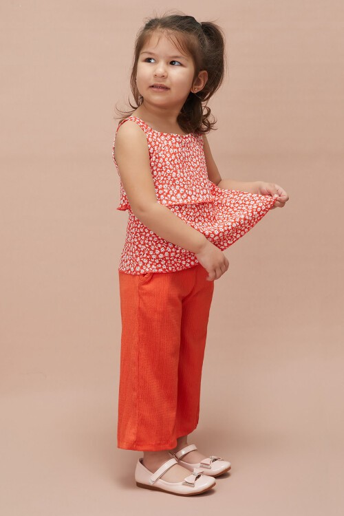 Kız Çocuk Turuncu Çiçekli Askılı Bluzlu Pantolonlu Takım 15147