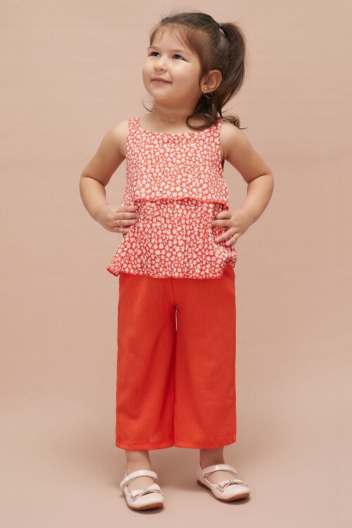 Kız Çocuk Turuncu Çiçekli Askılı Bluzlu Pantolonlu Takım 15147