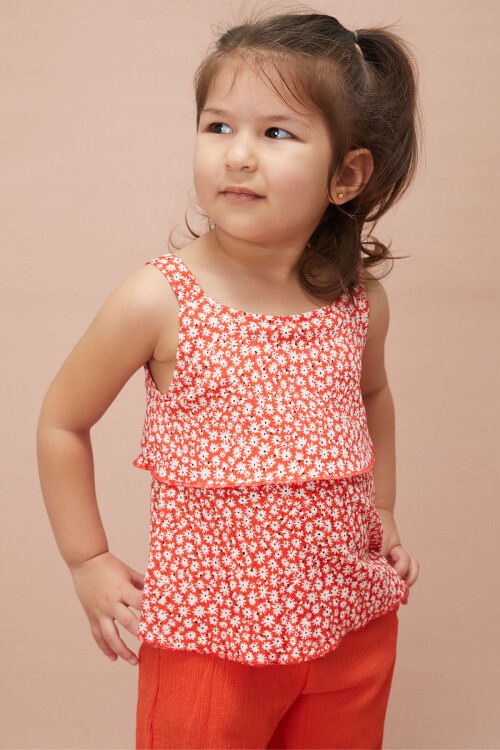 Kız Çocuk Turuncu Çiçekli Askılı Bluzlu Pantolonlu Takım 15147