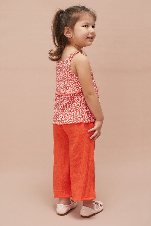 Kız Çocuk Turuncu Çiçekli Askılı Bluzlu Pantolonlu Takım 15147