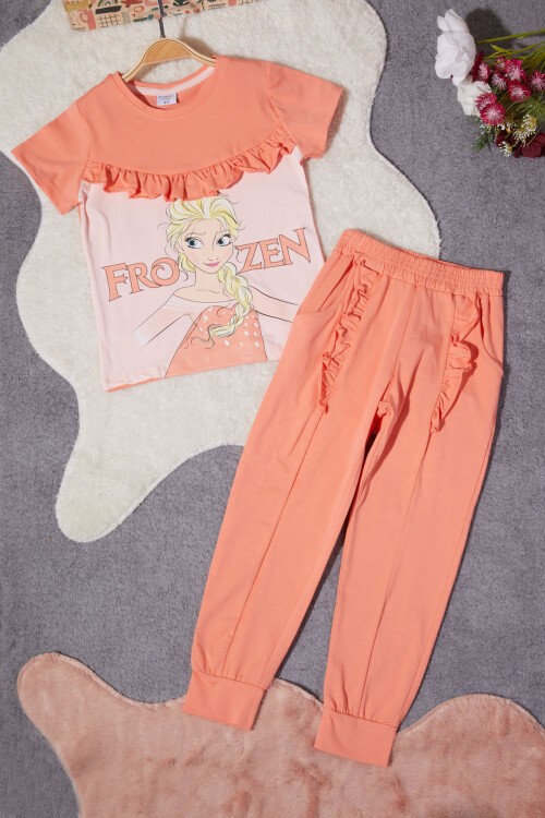 Kız Çocuk Turuncu Frozen Baskılı Tişörtlü Takım 15260