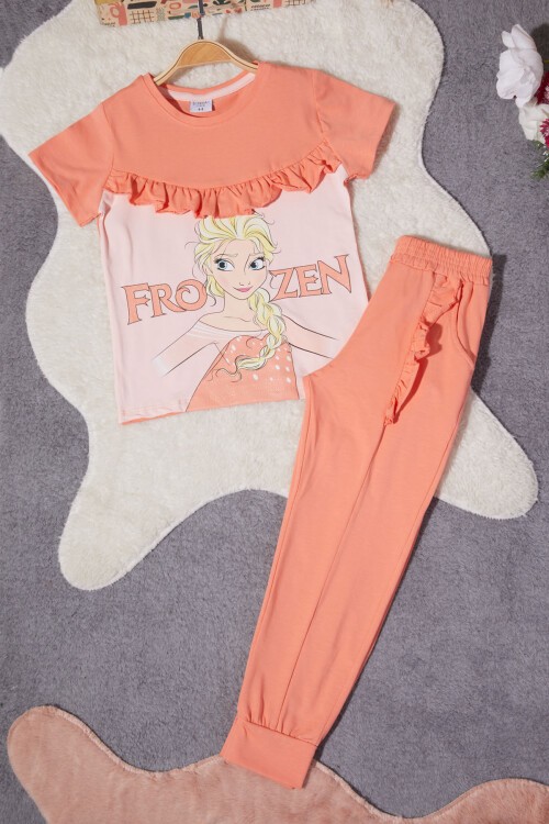 Kız Çocuk Turuncu Frozen Baskılı Tişörtlü Takım 15260