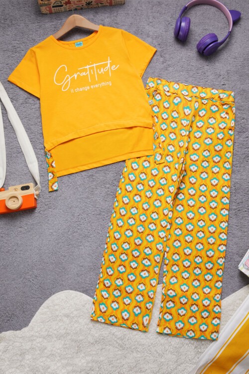 Kız Çocuk Turuncu Yazılı Pantolonlu Bluz Takım 15271