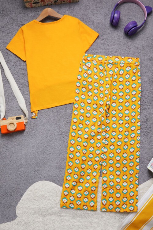 Kız Çocuk Turuncu Yazılı Pantolonlu Bluz Takım 15271
