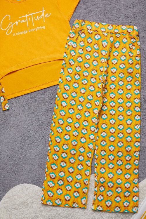 Kız Çocuk Turuncu Yazılı Pantolonlu Bluz Takım 15271