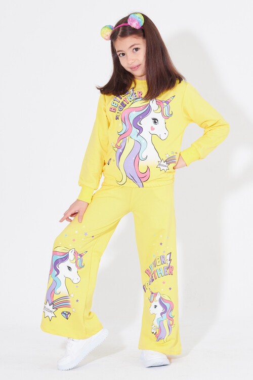 Kız Çocuk Unicorn Baskılı İspanyol Paça Eşofman Takımı 14610