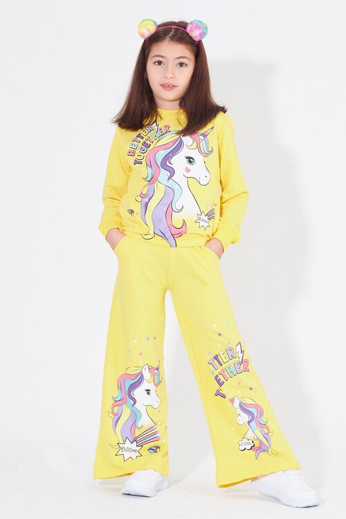 Kız Çocuk Unicorn Baskılı İspanyol Paça Eşofman Takımı 14610
