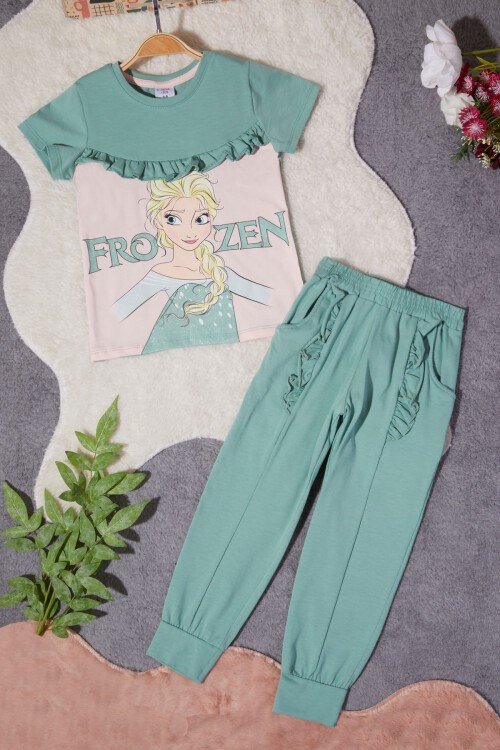 Kız Çocuk Yeşil Frozen Baskılı Tişörtlü Takım 15257