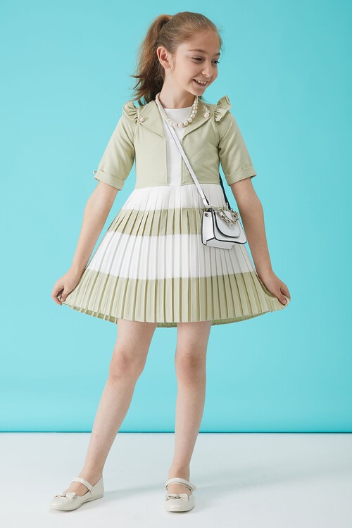 Kız Çocuk Yeşil İnci Kolyeli Çantalı Pileli Elbise 15154