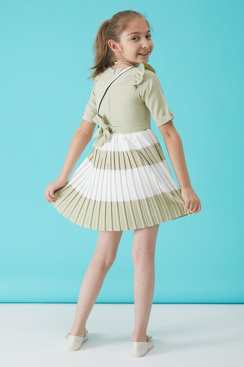 Kız Çocuk Yeşil İnci Kolyeli Çantalı Pileli Elbise 15154