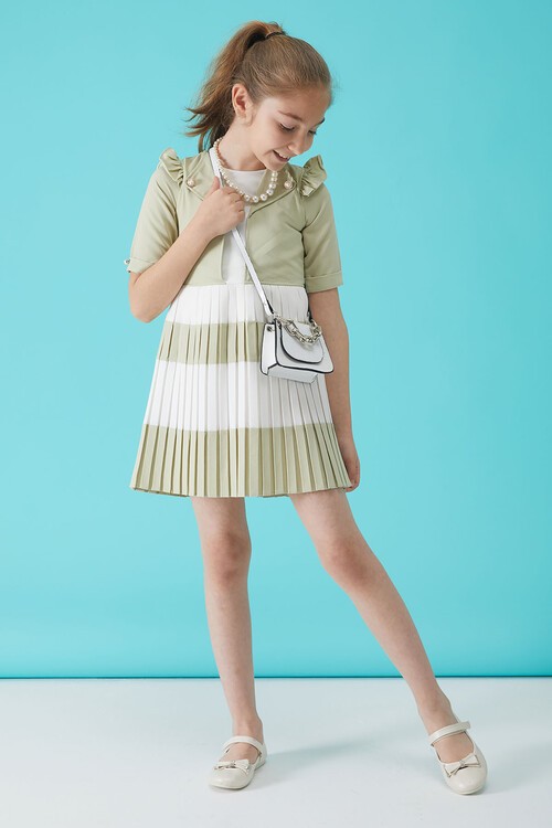 Kız Çocuk Yeşil İnci Kolyeli Çantalı Pileli Elbise 15154