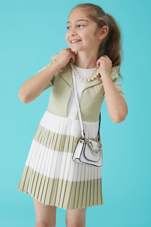 Kız Çocuk Yeşil İnci Kolyeli Çantalı Pileli Elbise 15154