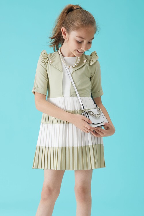 Kız Çocuk Yeşil İnci Kolyeli Çantalı Pileli Elbise 15154