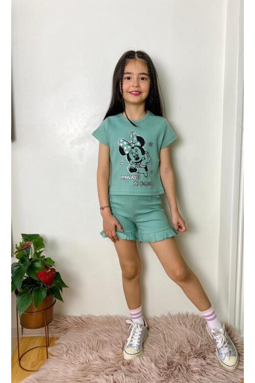 Kız Çocuk Yeşil Puantiyeli Şortlu Takım 15296