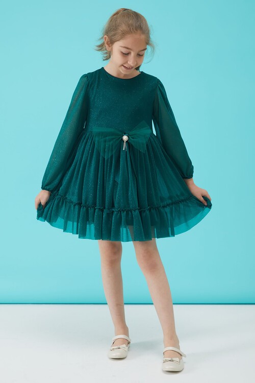 Kız Çocuk Yeşil Simli Tüllü Abiye Elbise 15185