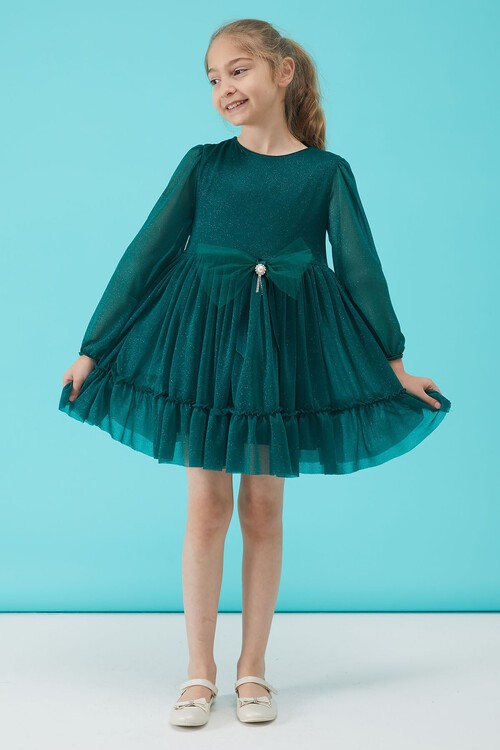 Kız Çocuk Yeşil Simli Tüllü Abiye Elbise 15185