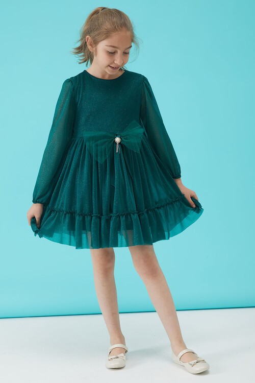 Kız Çocuk Yeşil Simli Tüllü Abiye Elbise 15185
