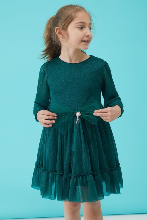 Kız Çocuk Yeşil Simli Tüllü Abiye Elbise 15185
