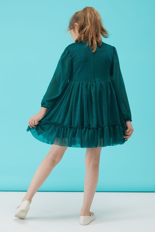 Kız Çocuk Yeşil Simli Tüllü Abiye Elbise 15185