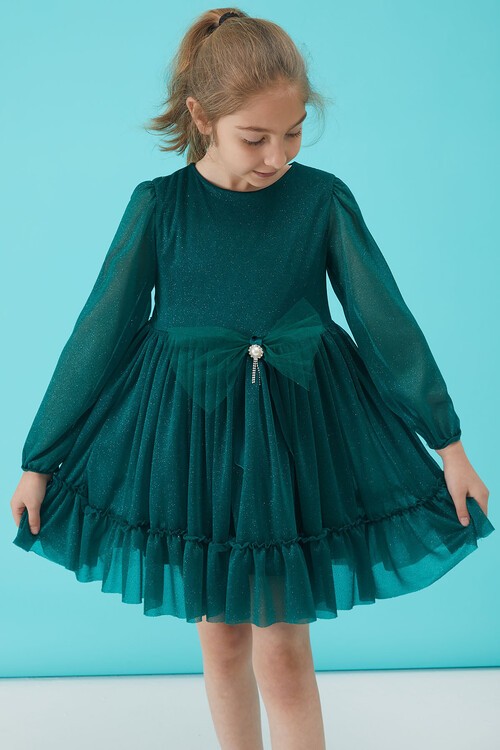 Kız Çocuk Yeşil Simli Tüllü Abiye Elbise 15185