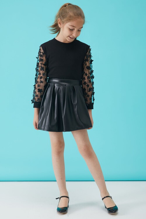 Kolları Tüllü Kız Çocuk Deri Etekli Badili Takım 15155