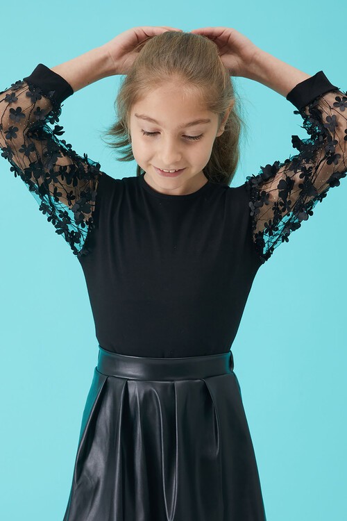 Kolları Tüllü Kız Çocuk Deri Etekli Badili Takım 15155