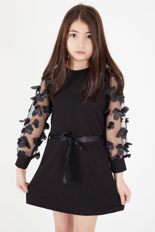 Kolları Tüllü Kuşaklı Kız Tunik Elbise 15037