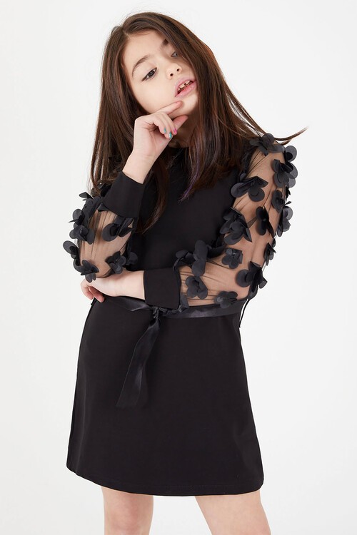 Kolları Tüllü Kuşaklı Kız Tunik Elbise 15037