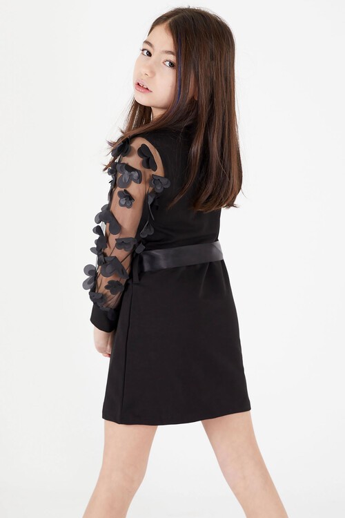 Kolları Tüllü Kuşaklı Kız Tunik Elbise 15037