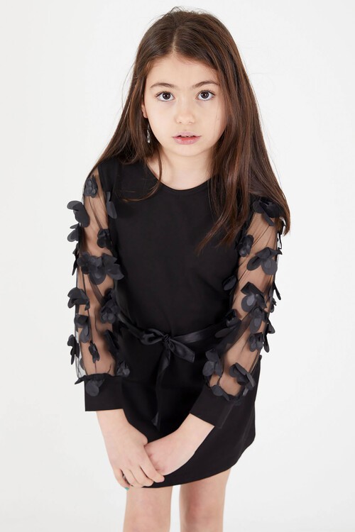 Kolları Tüllü Kuşaklı Kız Tunik Elbise 15037