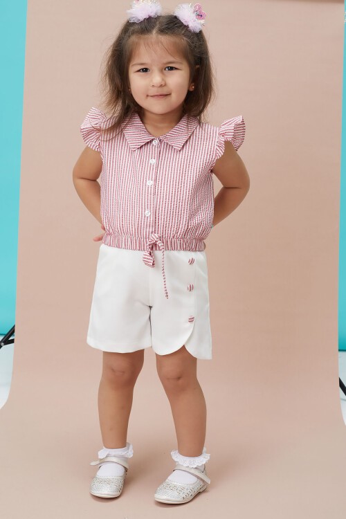 Koyu Pembe Çizgili Gömlekli Şortlu Kız Takım 15118
