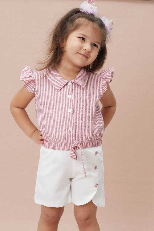 Koyu Pembe Çizgili Gömlekli Şortlu Kız Takım 15118
