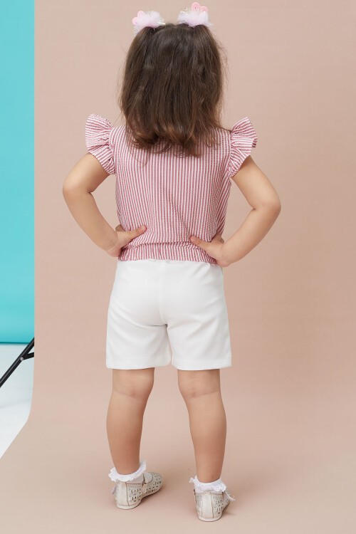 Koyu Pembe Çizgili Gömlekli Şortlu Kız Takım 15118